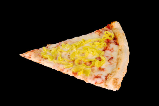 Slice of Pizza with Yellow Peppers Isolated on Black Background