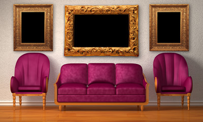 Two luxurious chairs with purple couch and picture frames