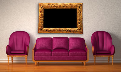 Two luxurious chairs with purple couch and picture frame