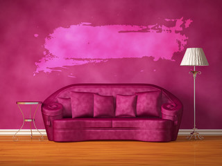 Purple couch with table, standard lamp and splash frame