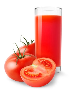 Isolated drink. Glass of tomato juice and cut fresh tomatoes isolated on white background