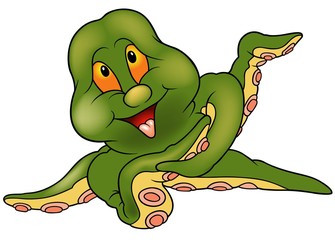Green Cherful Octopus - colored cartoon illustration