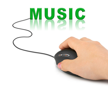 Hand with computer mouse and word Music