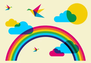 Stickers muraux Animaux géométriques Oiseaux-mouches colorés et arc-en-ciel