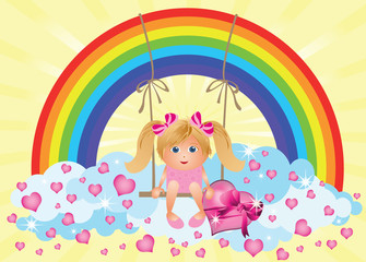 Fototapeta premium Love card,girl with heart goes for a drive on a swing.vector