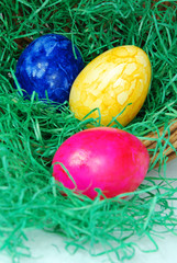 Drei bunte Ostereier im Ostergras