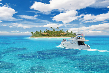 Caribbean paradise with boat in foreground