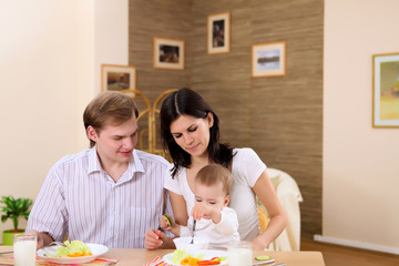 Obraz na płótnie Canvas young family at home having meal