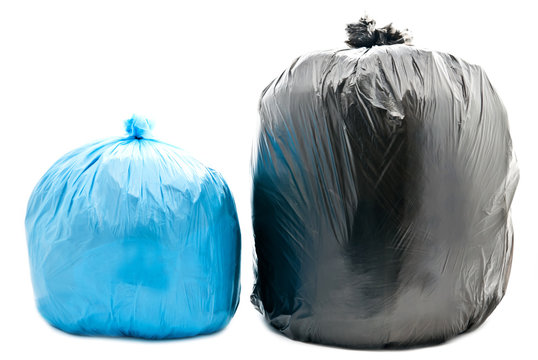 Blue and black garbage bags