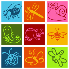 Pictogrammes insectes mignons multicolores