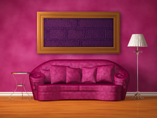 Purple couch with table, standard lamp and frame