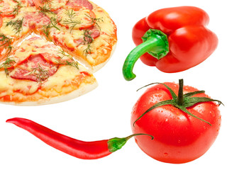 pizza, tomato, paprika and  chili  isolated on white background