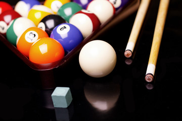 Billiard balls, cue on green table!