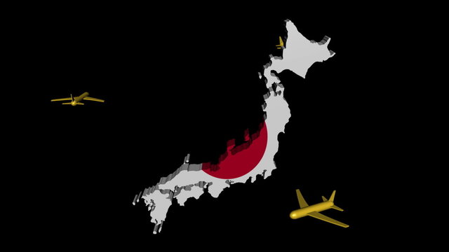 planes flying round Japan map flag animation
