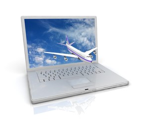 Professional Laptop and flying jet airplane