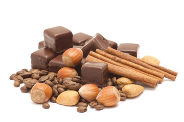 chocolate, cinnamon, nuts, coffee beans