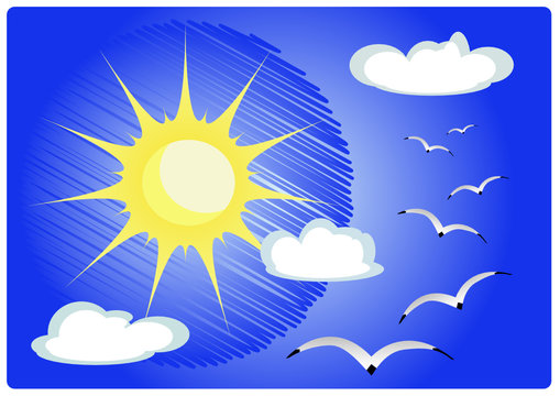 The sun, seagulls, the sky, clouds. A vectorial picture.
