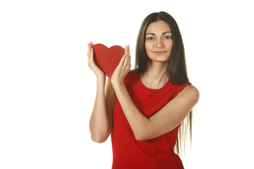 Аemale in red dress holding heart shape isolated on white