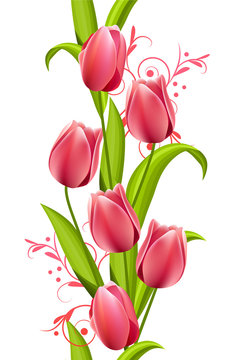 Vertical seamless pattern made of tulips on white background