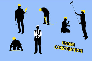 Isolated builders silhouettes on blue background