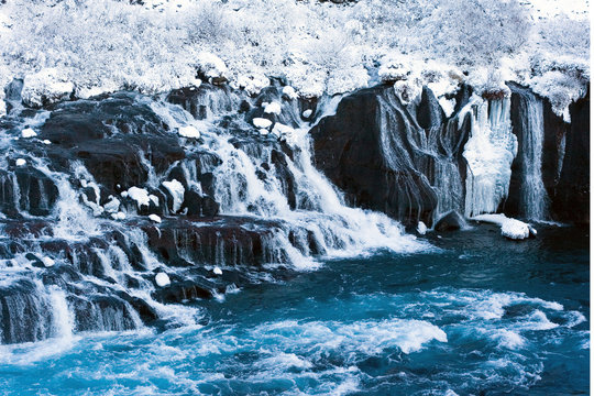 Hraunfossar Waterfall In Winter - Iceland