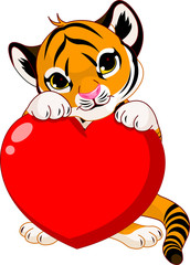 Cute  tiger cub holding heart