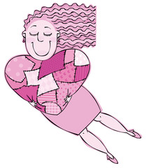 Flying woman holding a large heart in the patch