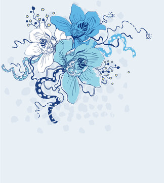 gentle vector bouguet of blue orchids and plants
