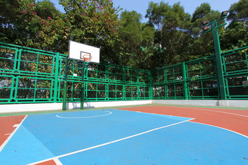 A perspective view of a basketball court