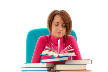 Young female student with many study books