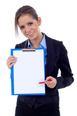 business woman showing clipboard