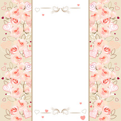 White vertical frame with branches of pink roses