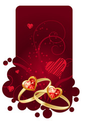 Two gold rings on red vertical frame