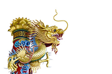 Golden dragon statue on white background