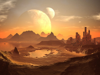 Fototapeta premium Twin Moons over Alien Desert City with Pyramids