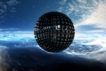 Drop-down 3 d ball with a metal texture in the sky.