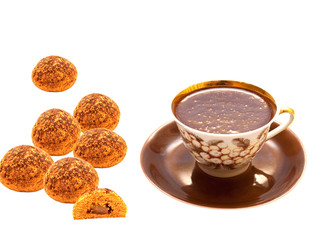 cup of hot chocolate and cookies isolated on white background