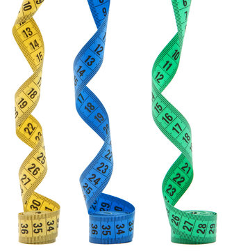 three color mesuring tapes isolated over white background