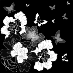 Papier Peint photo Fleurs noir et blanc fleurs dessinées à la main fantaisie