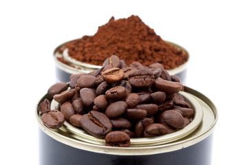 Coffee beans in tin cans