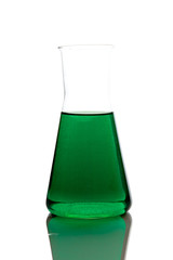 Labolatory glassware with colorful fluids isolated on white