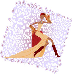 beautiful girl in a long dress in a soft chair