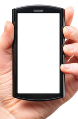 female hand is holding a modern touch screen phone. Screen is cu
