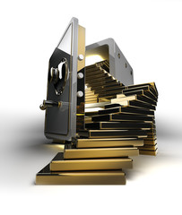 Opened safe with gold ingots isolated on white 3d