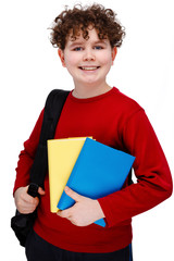 Young boy holding books isolated on white background
