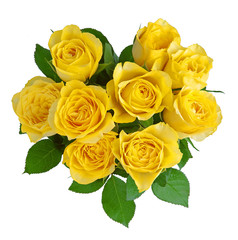 Heart-shape yellow roses isolated on white.