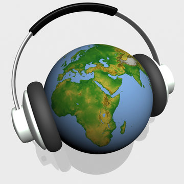 headset on world globe in isolated background