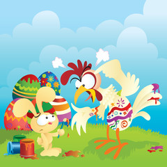 Obraz na płótnie Canvas Angry chicken and Easter bunny cartoon.