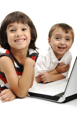 Group of children playing on white laptop together