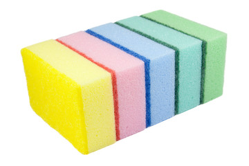 Five multi-colored kitchen sponges
